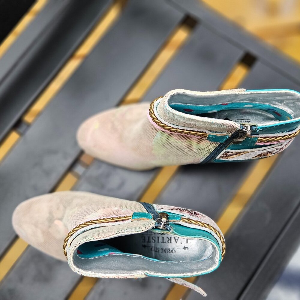 Spring Step by L'artiste | Turquois and Pink netted flowered ankle boot - Sz 7 - Picture 7 of 8